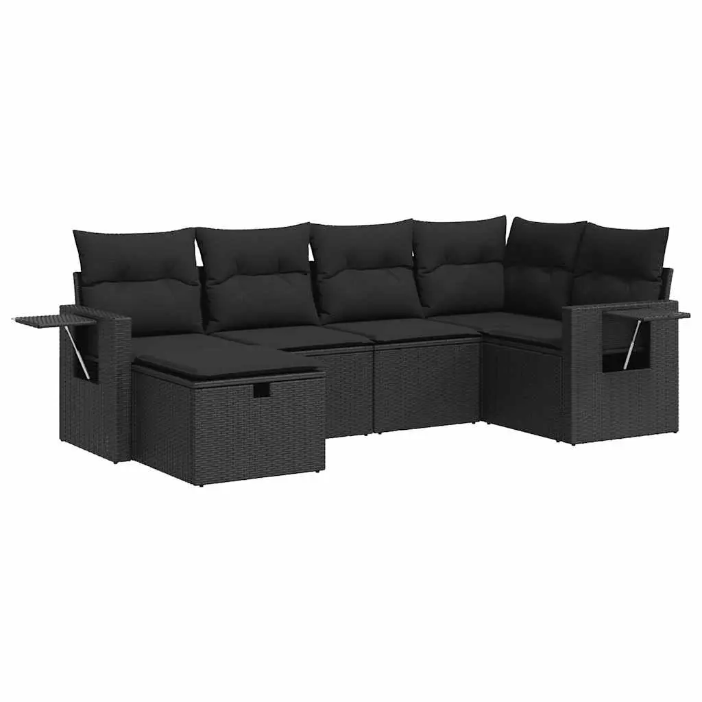 6 Piece Garden Sofa Set with Cushions Black Poly Rattan 3325481 - Furniture