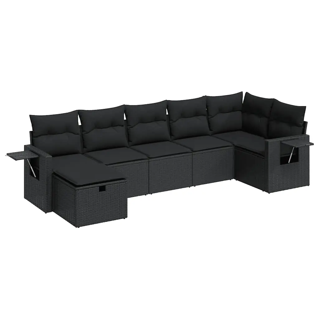 7 Piece Garden Sofa Set with Cushions Black Poly Rattan 3325501 - Furniture