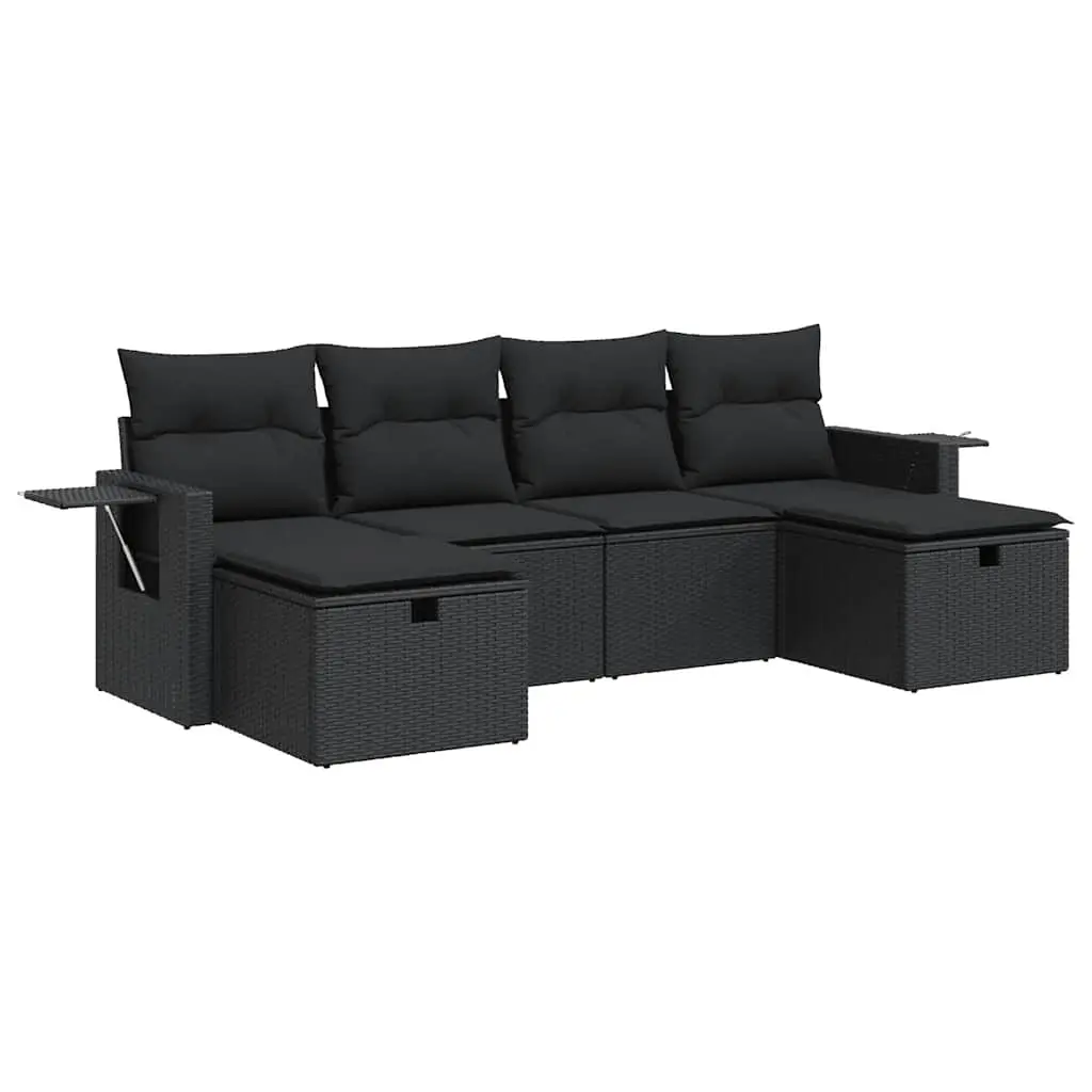 6 Piece Garden Sofa Set with Cushions Black Poly Rattan 3325521 - Furniture