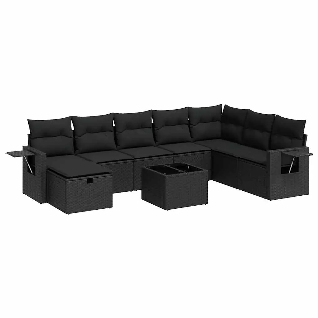 9 Piece Garden Sofa Set with Cushions Black Poly Rattan 3325541 - Furniture