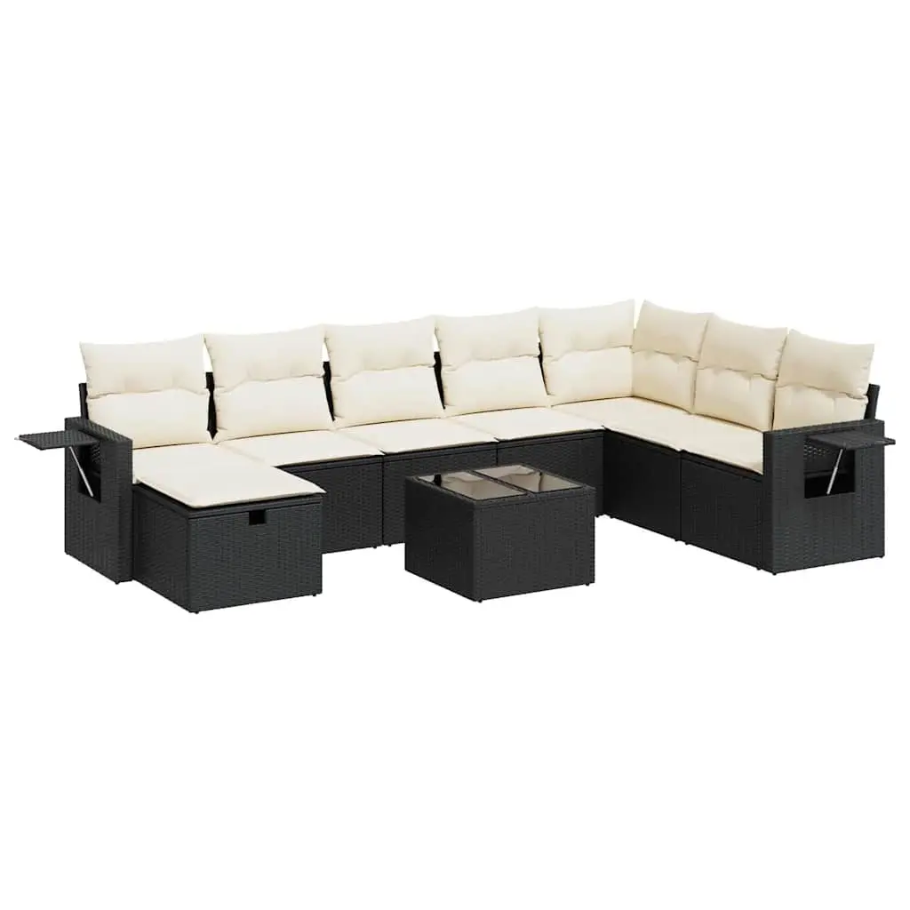 9 Piece Garden Sofa Set with Cushions Black Poly Rattan 3325542 - Furniture