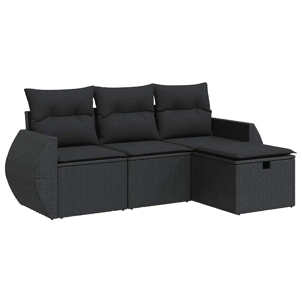 4 Piece Garden Sofa Set with Cushions Black Poly Rattan 3325551 - Furniture