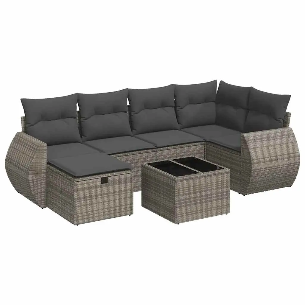 7 Piece Garden Sofa Set with Cushions Grey Poly Rattan 3325596 - Furniture