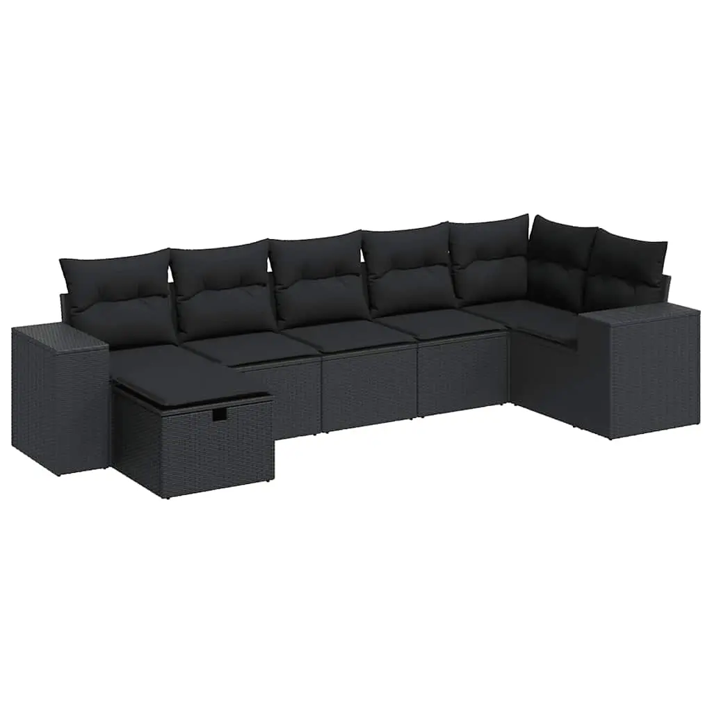 7 Piece Garden Sofa Set with Cushions Black Poly Rattan 3325701 - Furniture