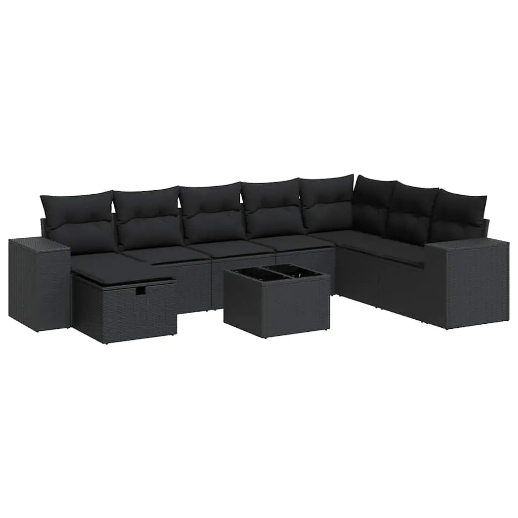 9 Piece Garden Sofa Set with Cushions Black Poly Rattan 3325741 - Furniture