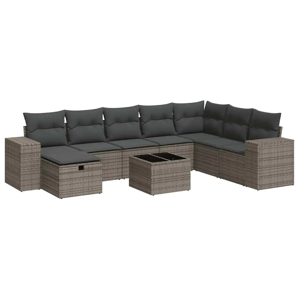 9 Piece Garden Sofa Set with Cushions Grey Poly Rattan 3325746 - Furniture