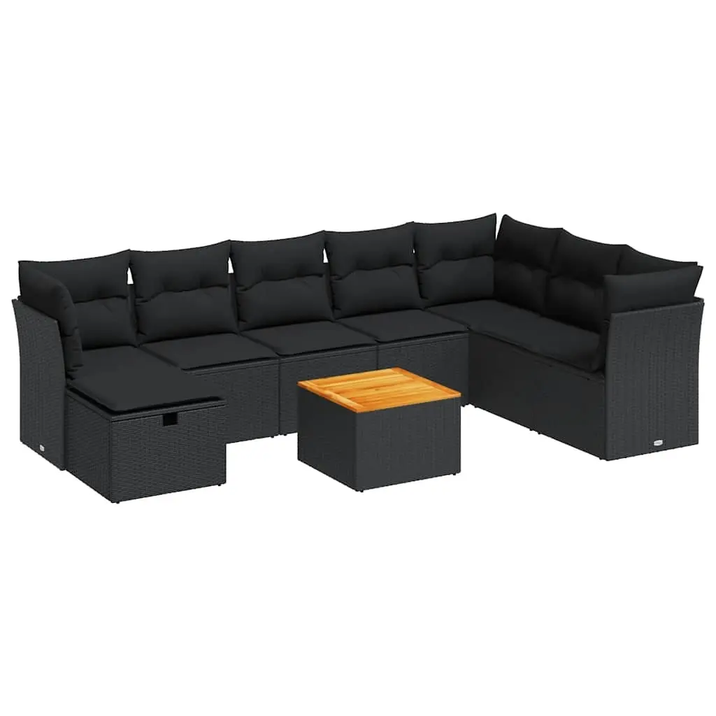 9 Piece Garden Sofa Set with Cushions Black Poly Rattan 3325772 - Furniture