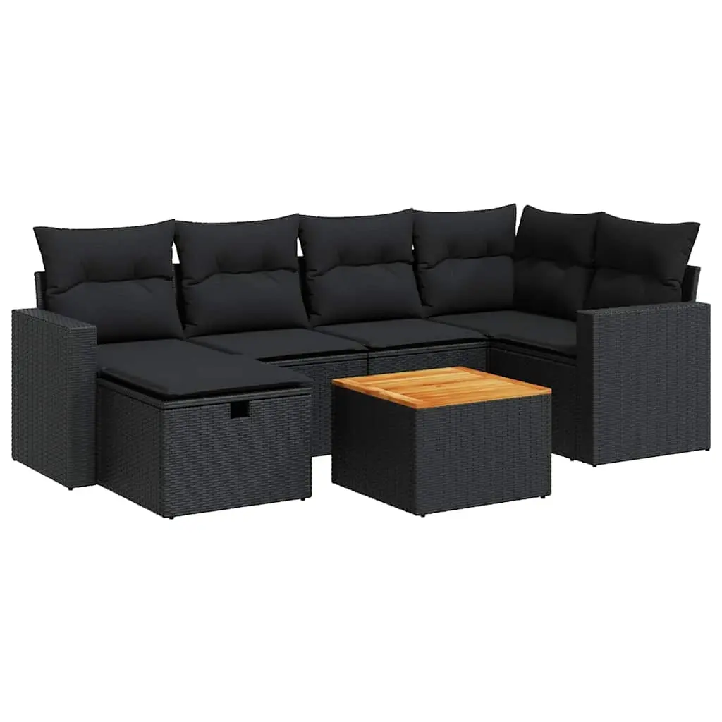 7 Piece Garden Sofa Set with Cushions Black Poly Rattan 3325786 - Furniture