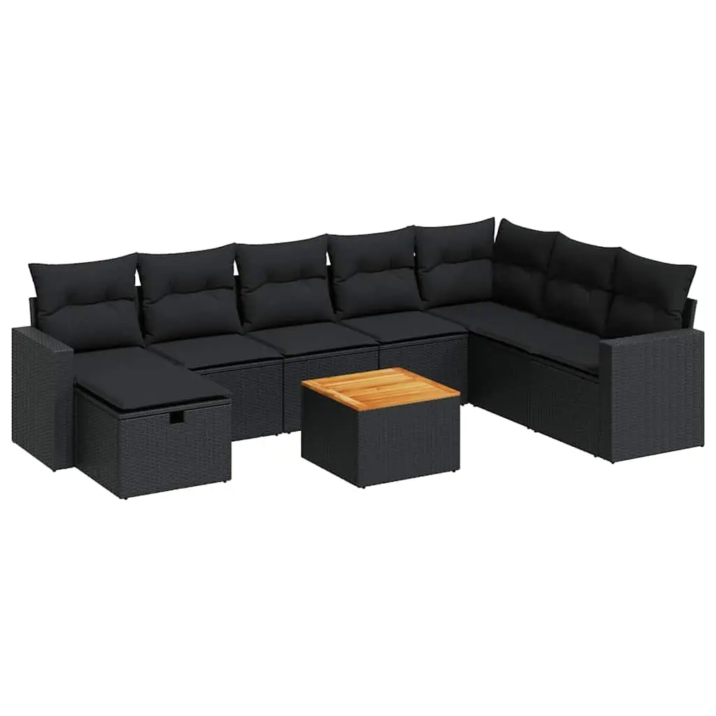 9 Piece Garden Sofa Set with Cushions Black Poly Rattan 3325800 - Furniture