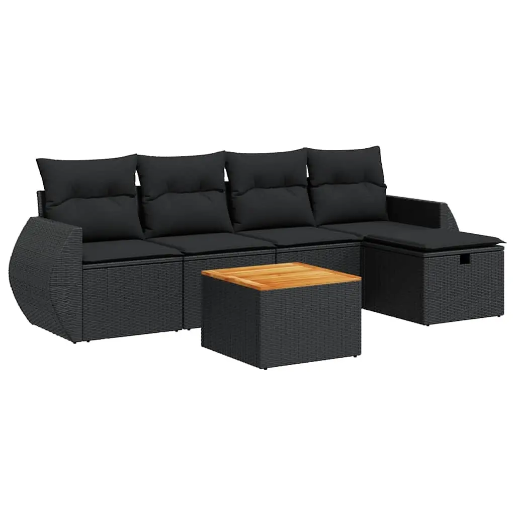 6 Piece Garden Sofa Set with Cushions Black Poly Rattan 3325835 - Furniture