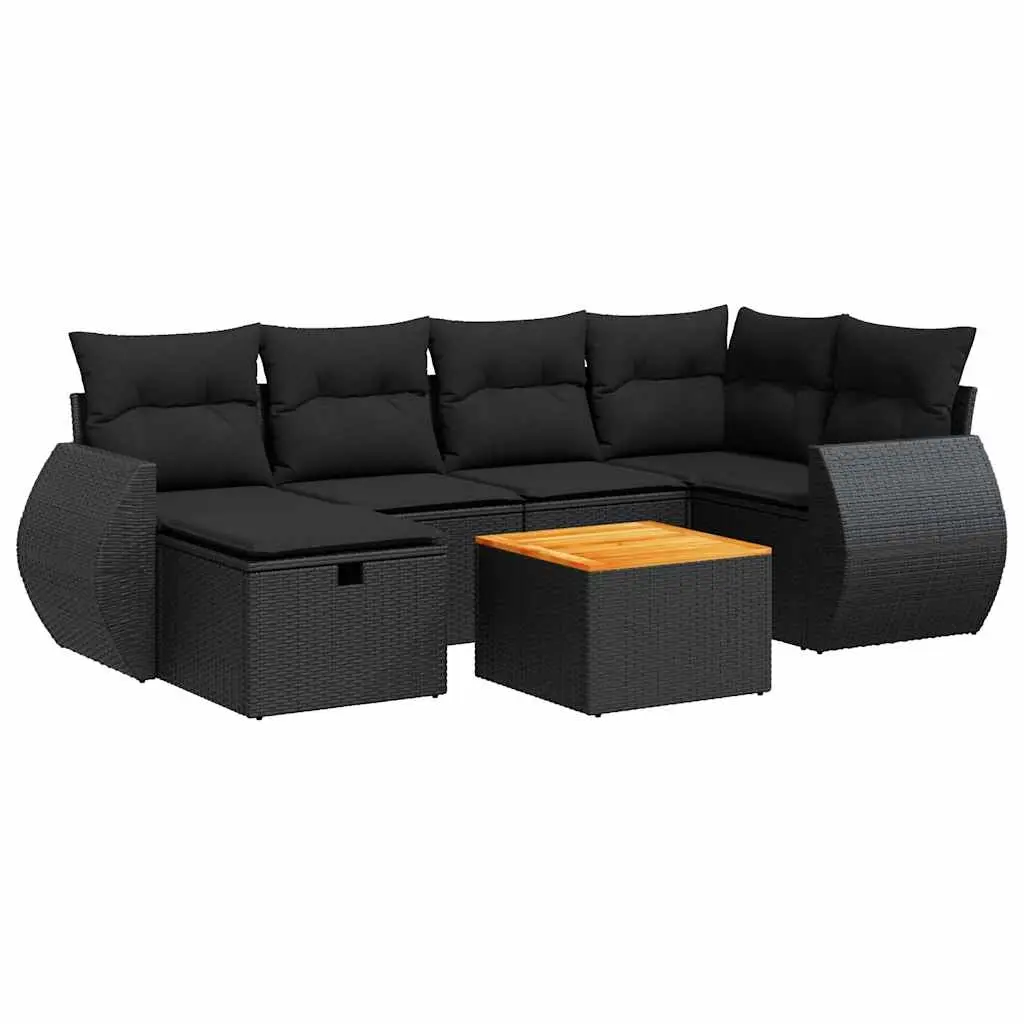 7 Piece Garden Sofa Set with Cushions Black Poly Rattan 3325842 - Furniture