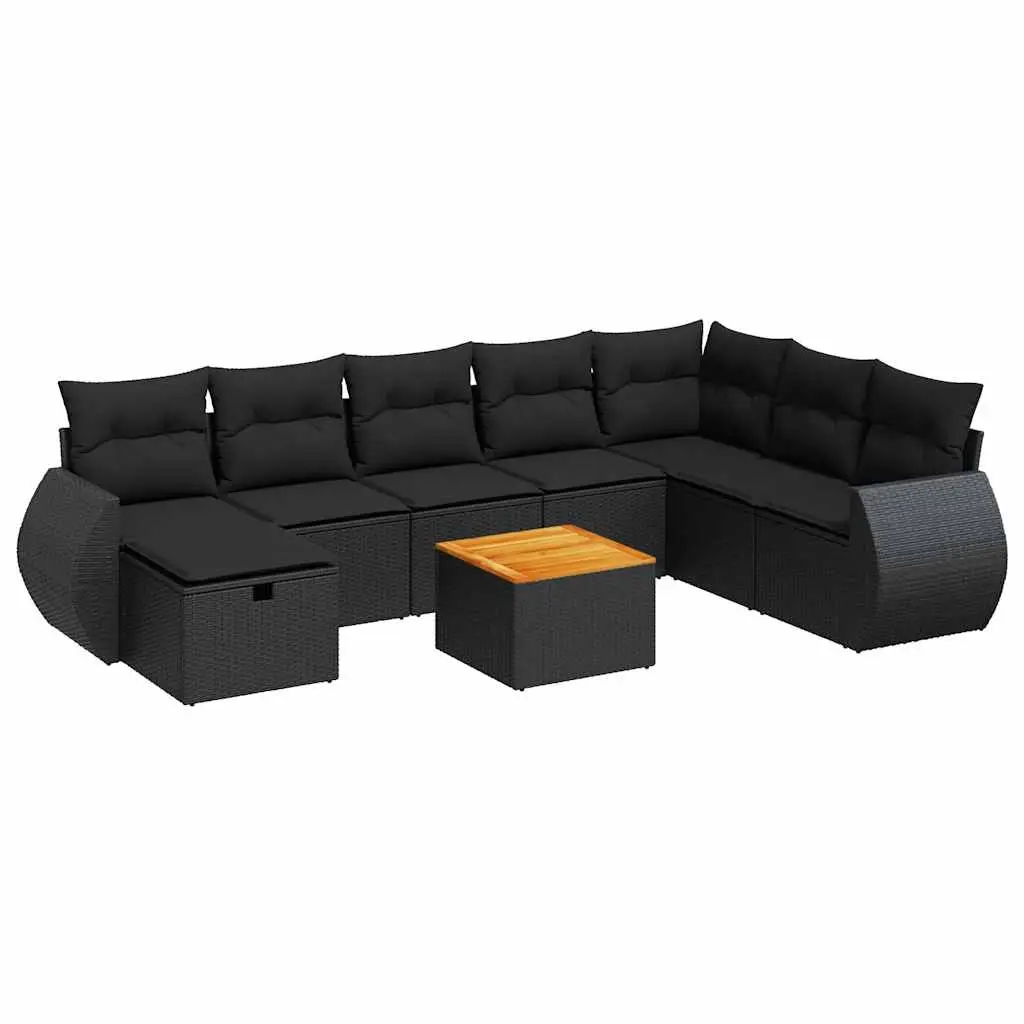9 Piece Garden Sofa Set with Cushions Black Poly Rattan 3325856 - Furniture