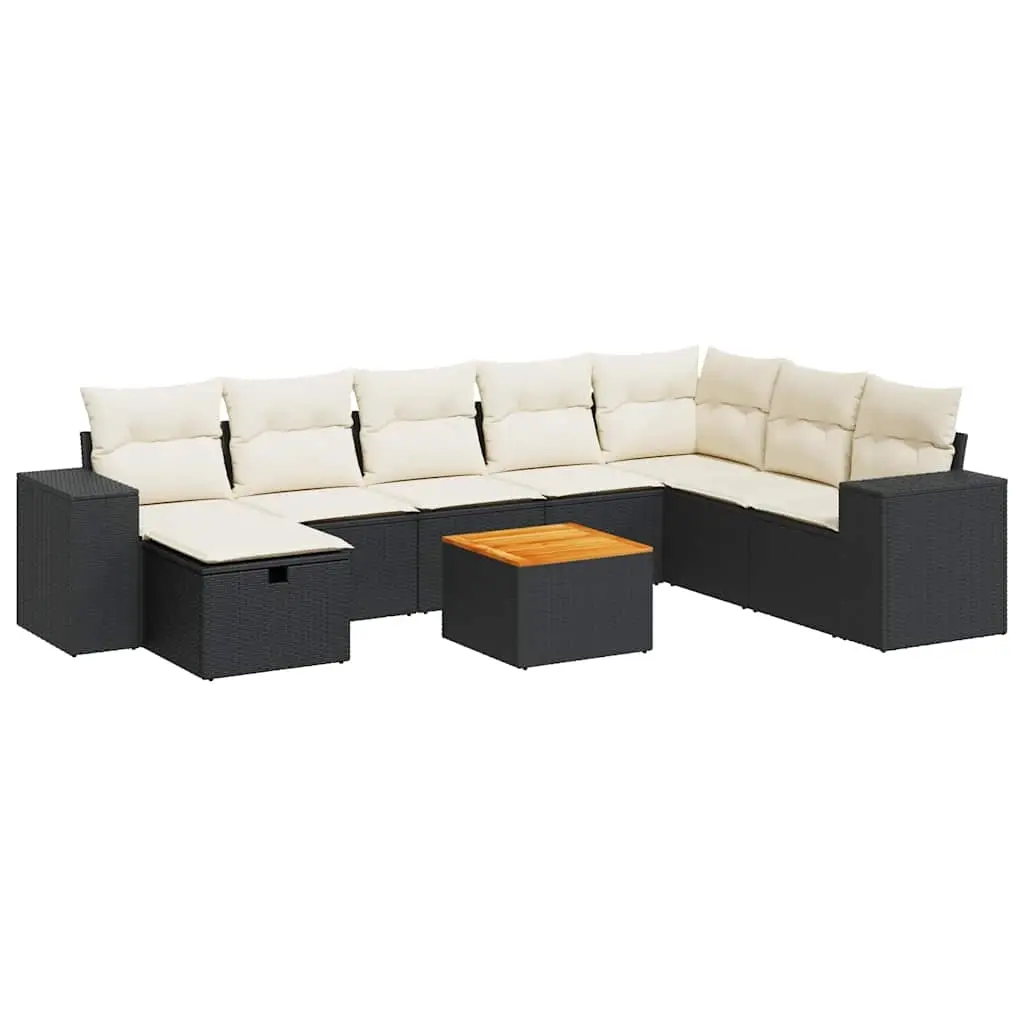 9 Piece Garden Sofa Set with Cushions Black Poly Rattan 3325885 - Furniture