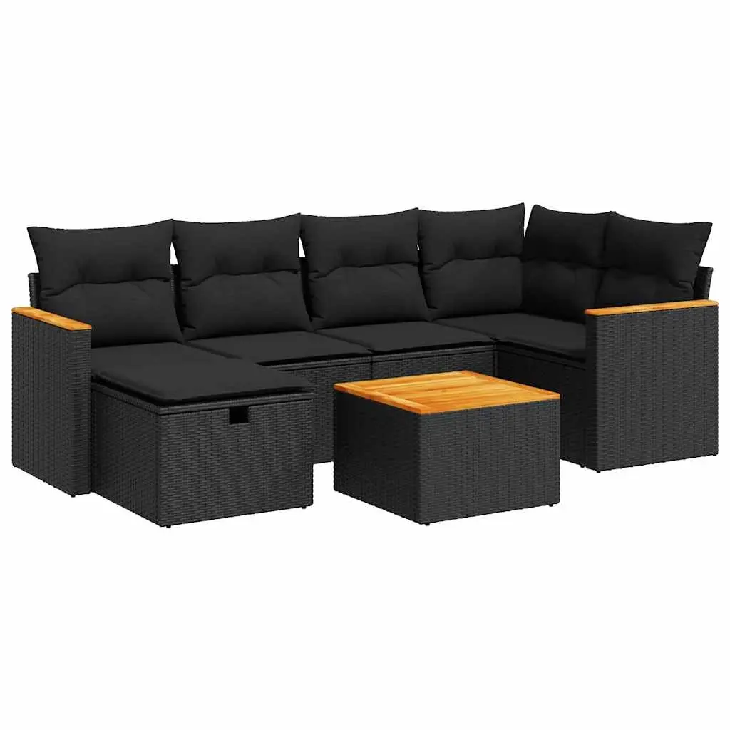 7 Piece Garden Sofa Set with Cushions Black Poly Rattan 3325919 - Furniture