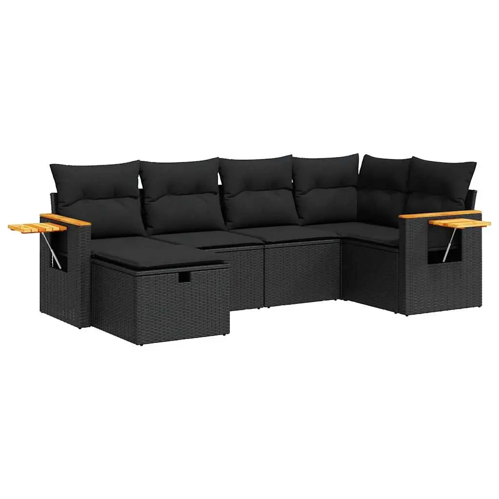 6 Piece Garden Sofa Set with Cushions Black Poly Rattan 3325968 - Furniture