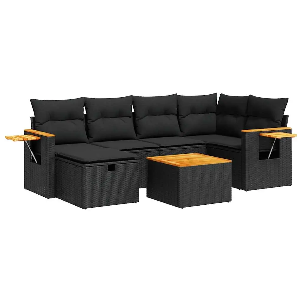 7 Piece Garden Sofa Set with Cushions Black Poly Rattan 3325975 - Furniture