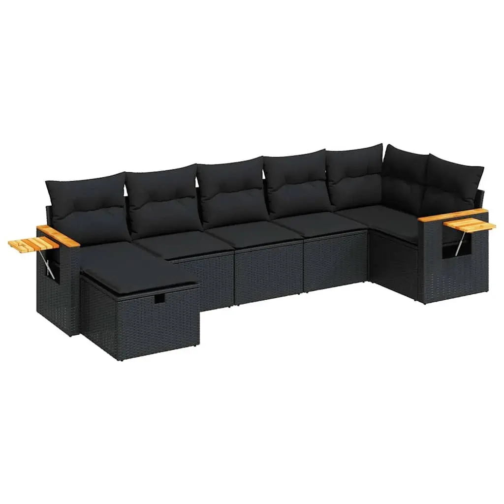 7 Piece Garden Sofa Set with Cushions Black Poly Rattan 3325982 - Furniture