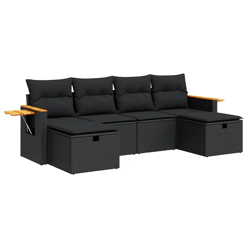 6 Piece Garden Sofa Set with Cushions Black Poly Rattan 3325996 - Furniture