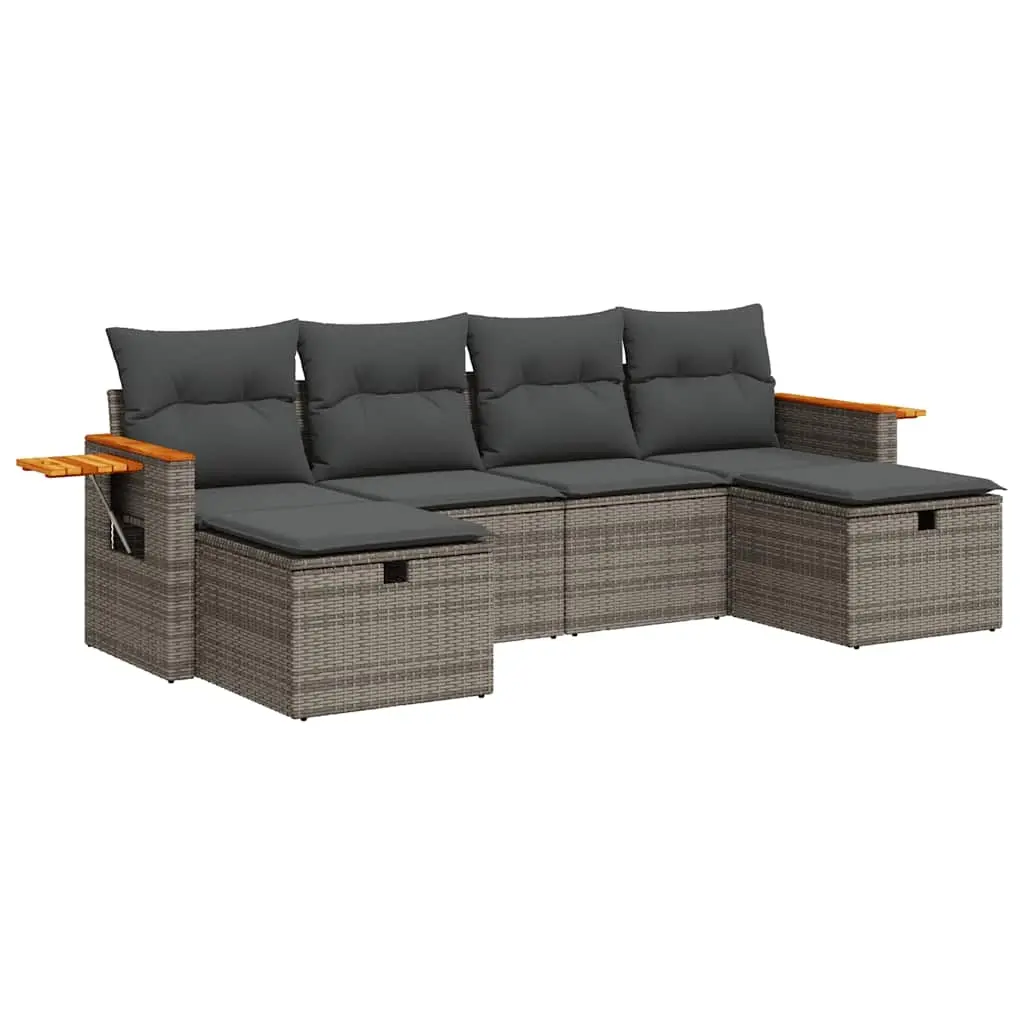6 Piece Garden Sofa Set with Cushions Grey Poly Rattan 3326001 - Furniture