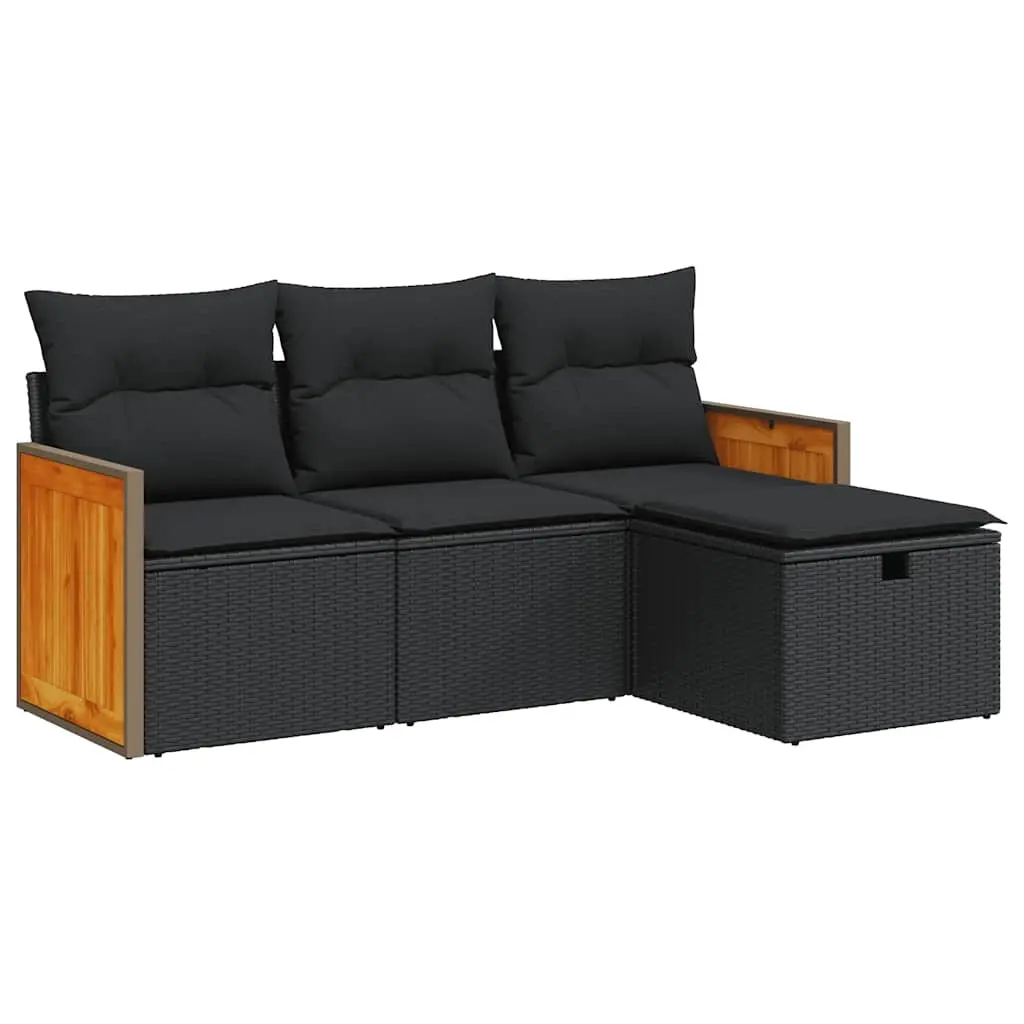 4 Piece Garden Sofa Set with Cushions Black Poly Rattan 3326003 - Furniture