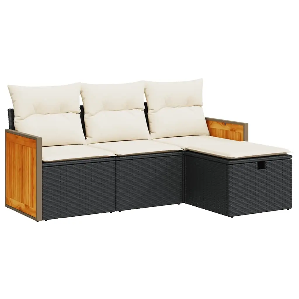 4 Piece Garden Sofa Set with Cushions Black Poly Rattan 3326004 - Furniture