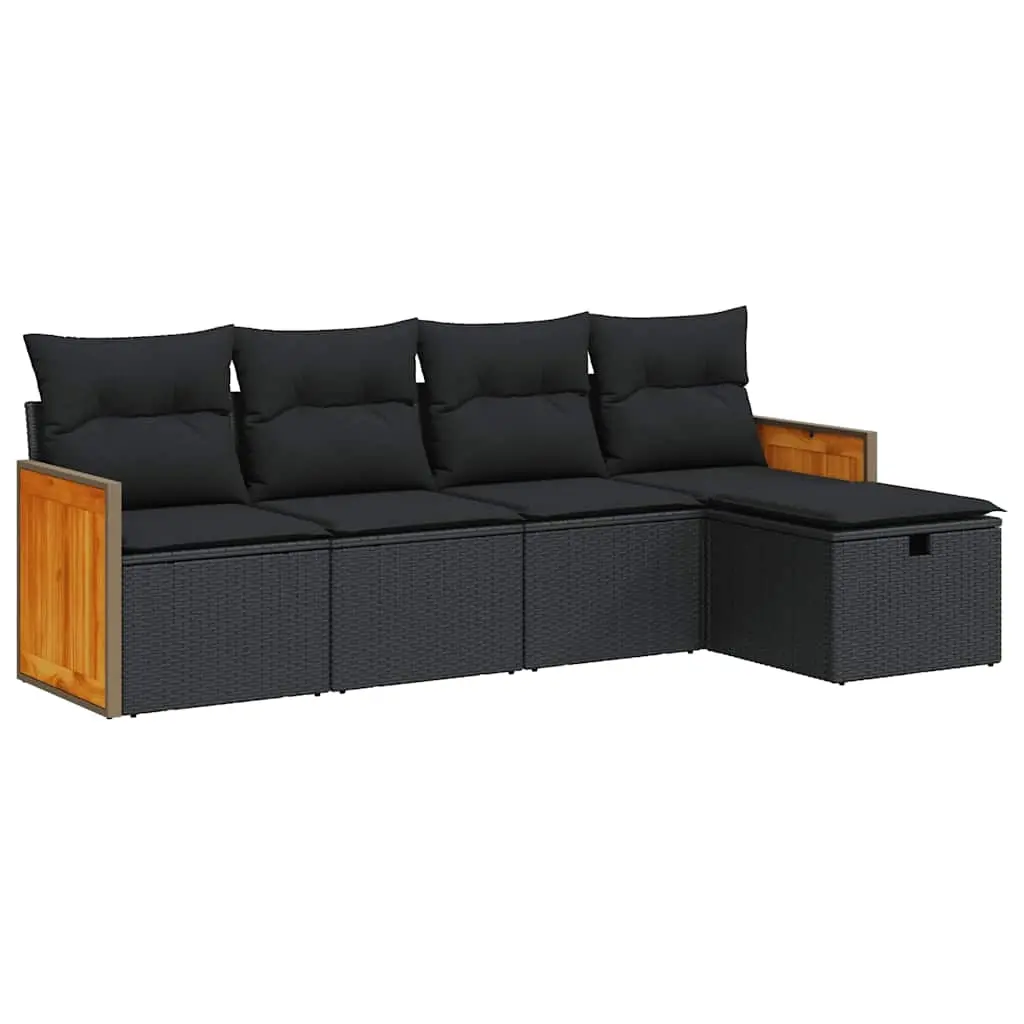 5 Piece Garden Sofa Set with Cushions Black Poly Rattan 3326010 - Furniture