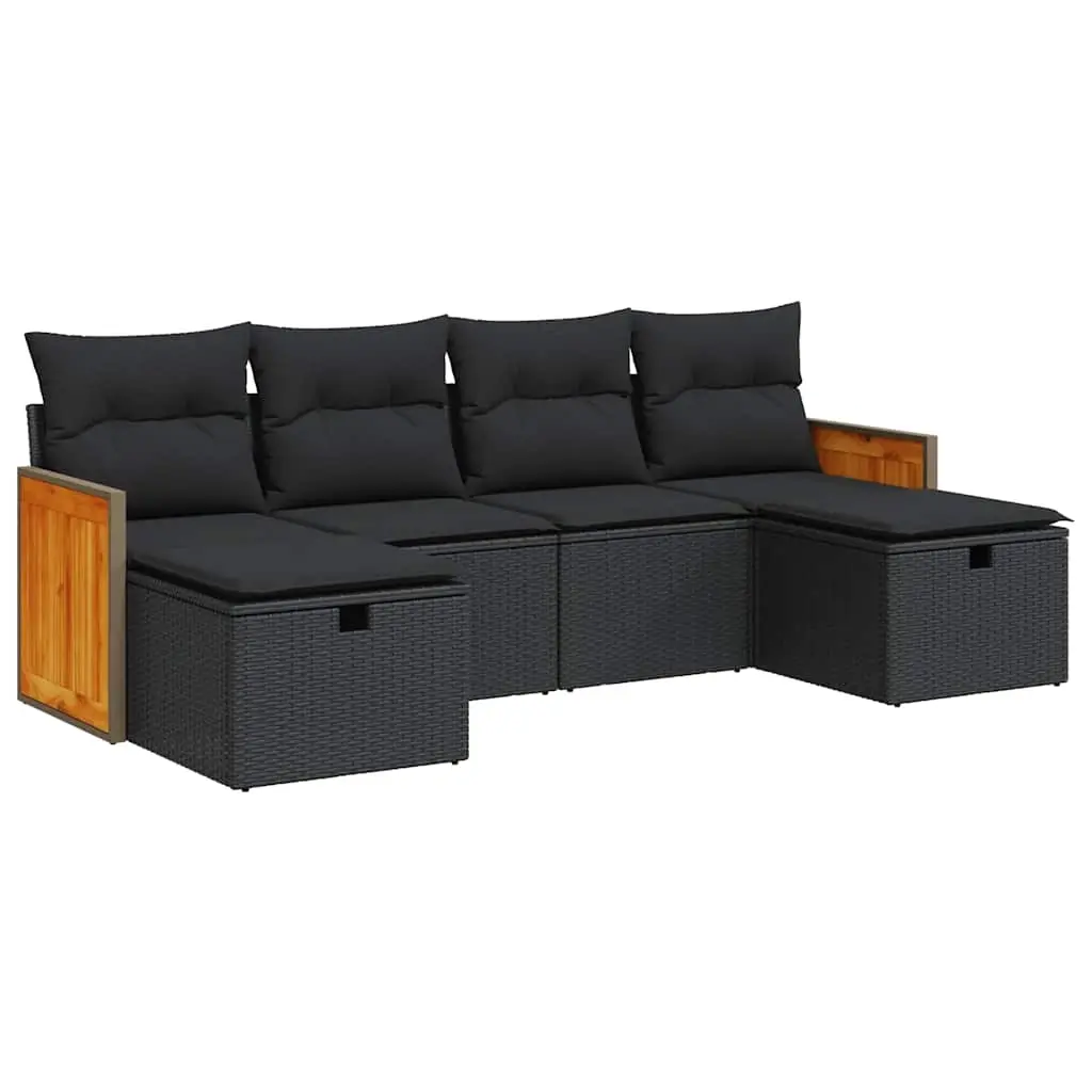 6 Piece Garden Sofa Set with Cushions Black Poly Rattan 3326052 - Furniture