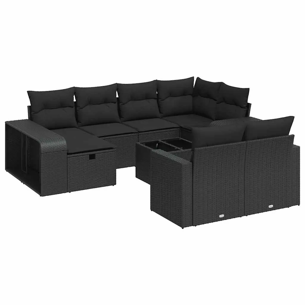 11 Piece Garden Sofa Set with Cushions Black Poly Rattan 3326069 - Furniture
