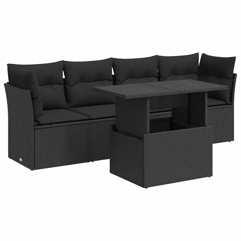 5 Piece Garden Sofa Set with Cushions Black Poly Rattan 3326086 - Furniture