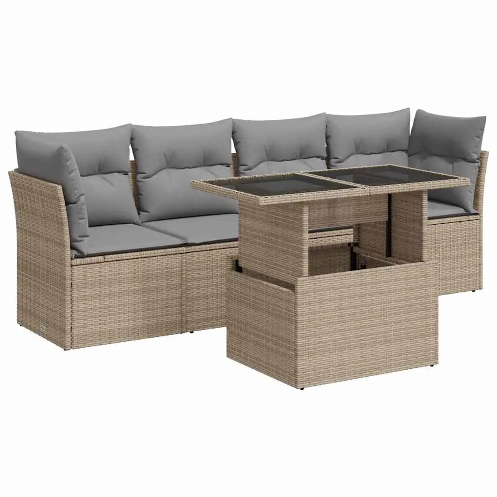 5 Piece Garden Sofa Set with Cushions Beige Poly Rattan 3326090 - Furniture