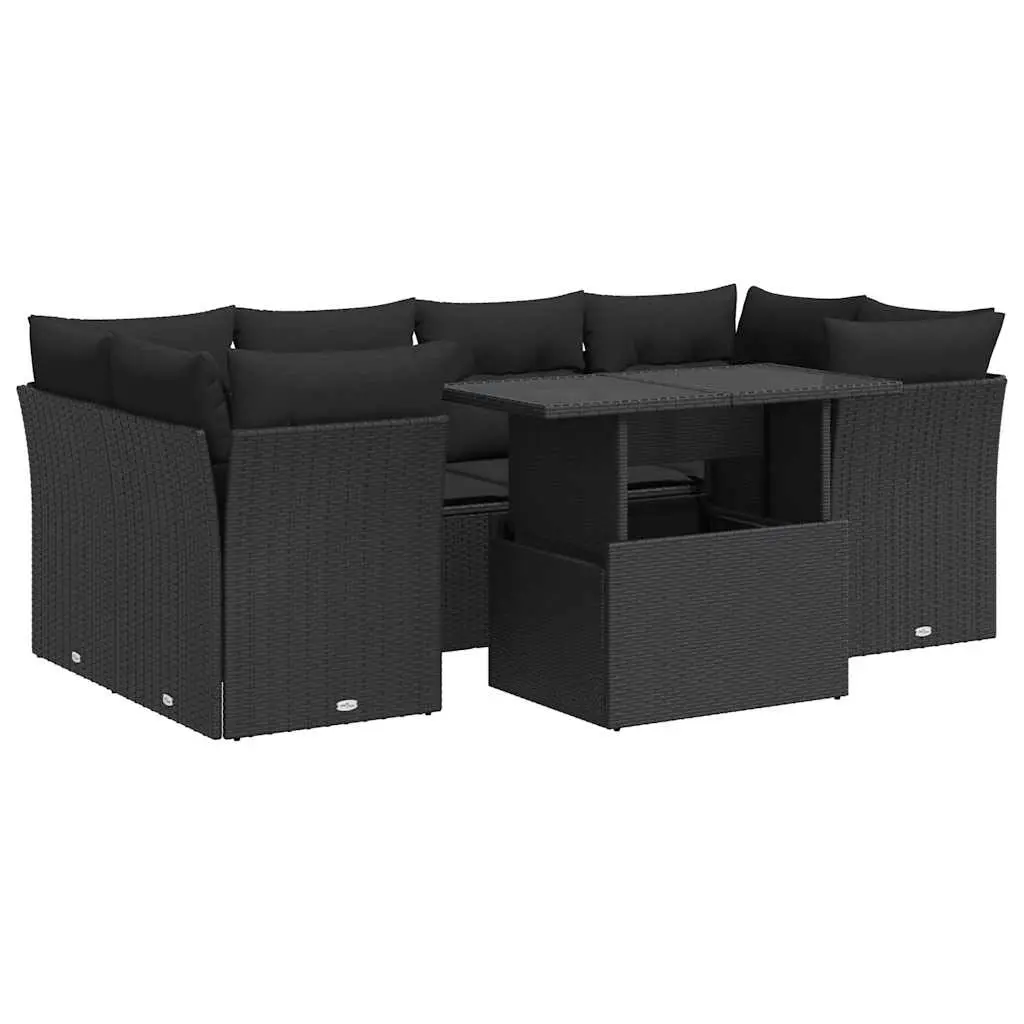 7 Piece Garden Sofa Set with Cushions Black Poly Rattan 3326106 - Furniture
