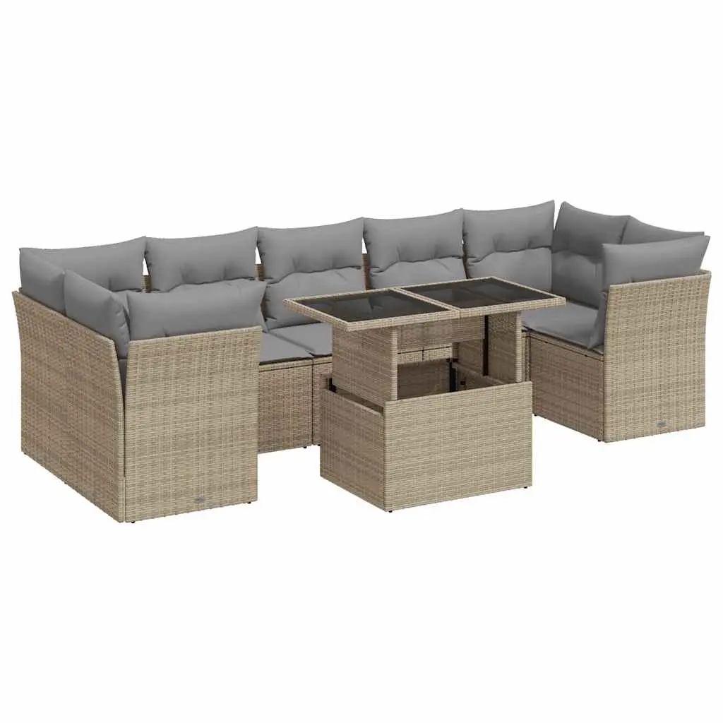 8 Piece Garden Sofa Set with Cushions Beige Poly Rattan 3326120 - Furniture