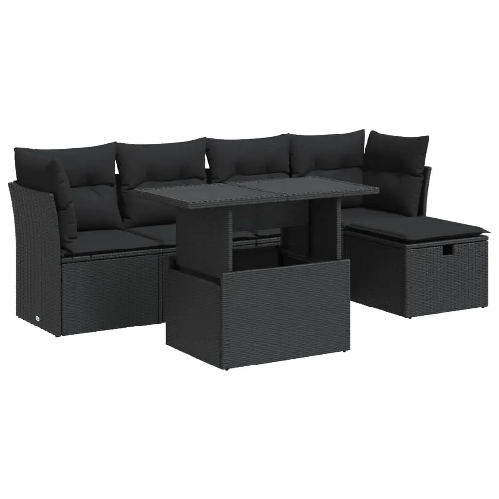 6 Piece Garden Sofa Set with Cushions Black Poly Rattan 3326136 - Furniture