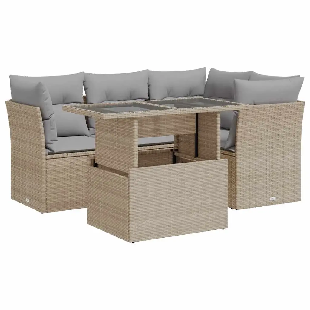 5 Piece Garden Sofa Set with Cushions Beige Poly Rattan 3326150 - Furniture
