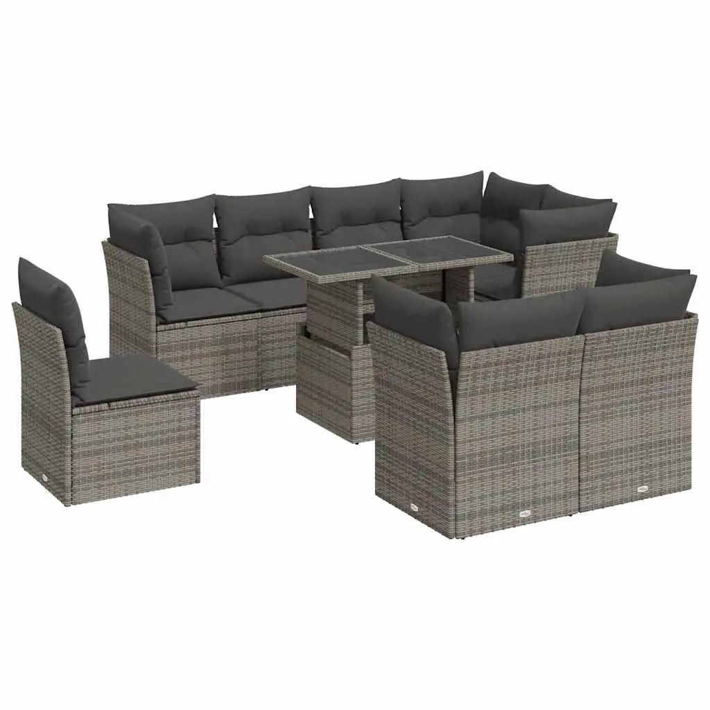 9 Piece Garden Sofa Set with Cushions Grey Poly Rattan 3326181 - Furniture