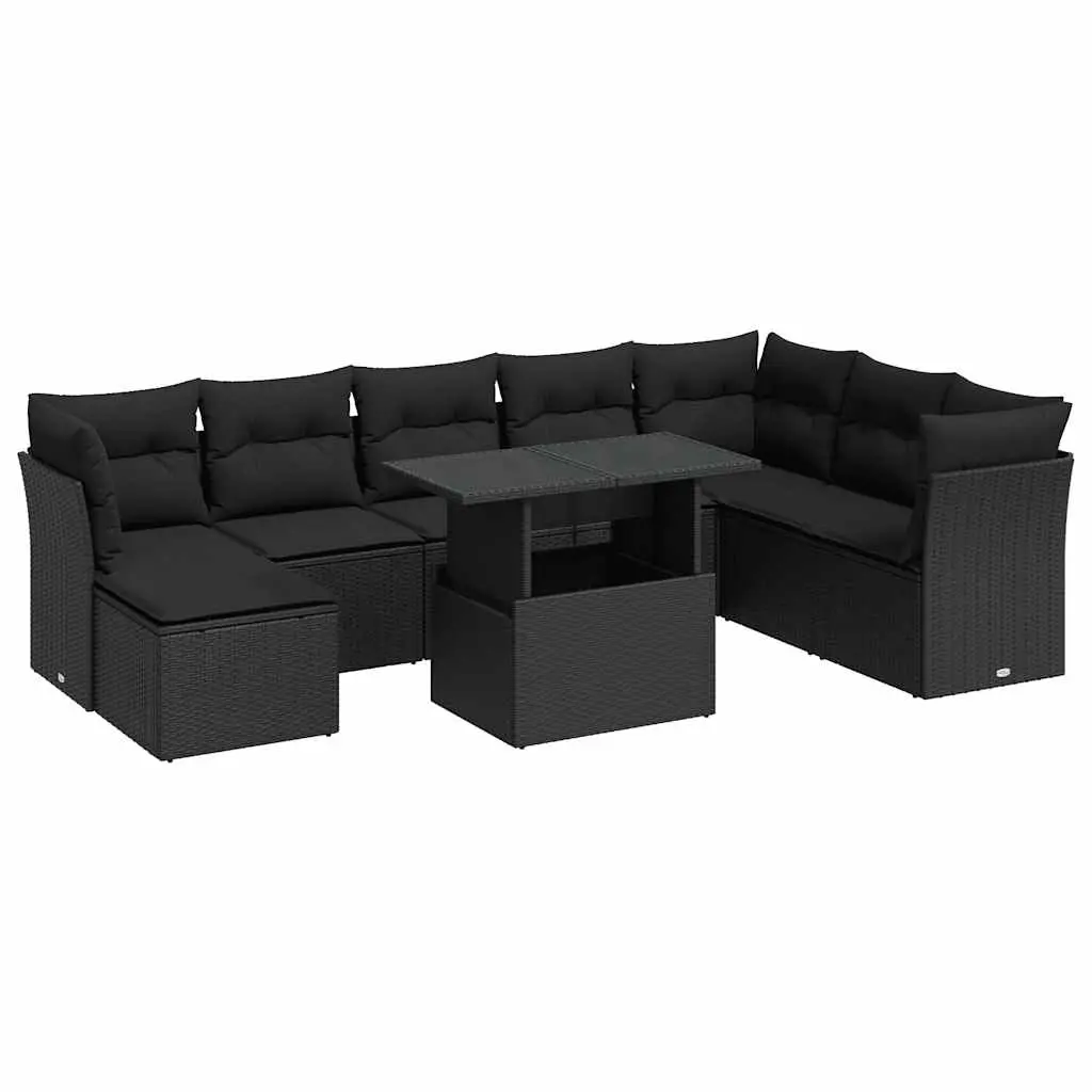 9 Piece Garden Sofa Set with Cushions Black Poly Rattan 3326206 - Furniture