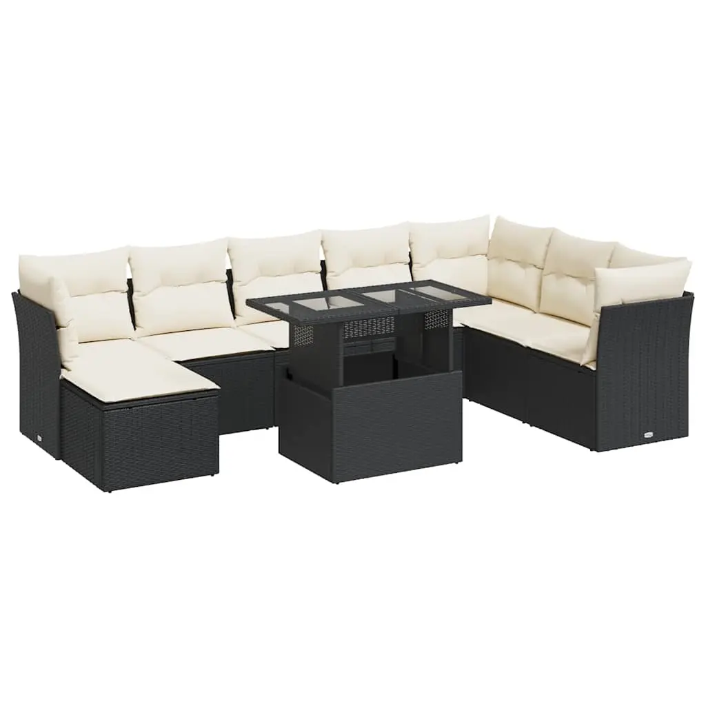 9 Piece Garden Sofa Set with Cushions Black Poly Rattan 3326207 - Furniture
