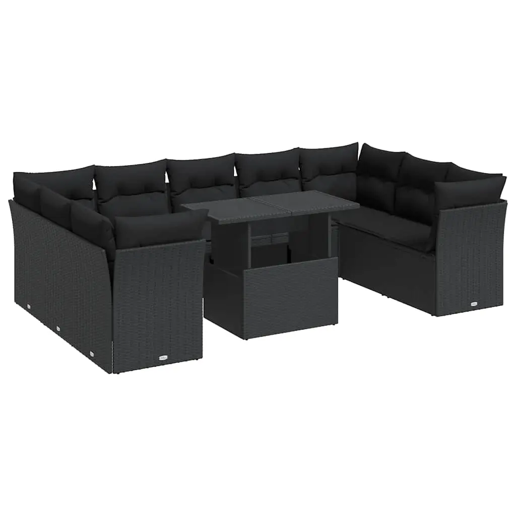 10 Piece Garden Sofa Set with Cushions Black Poly Rattan 3326216 - Furniture