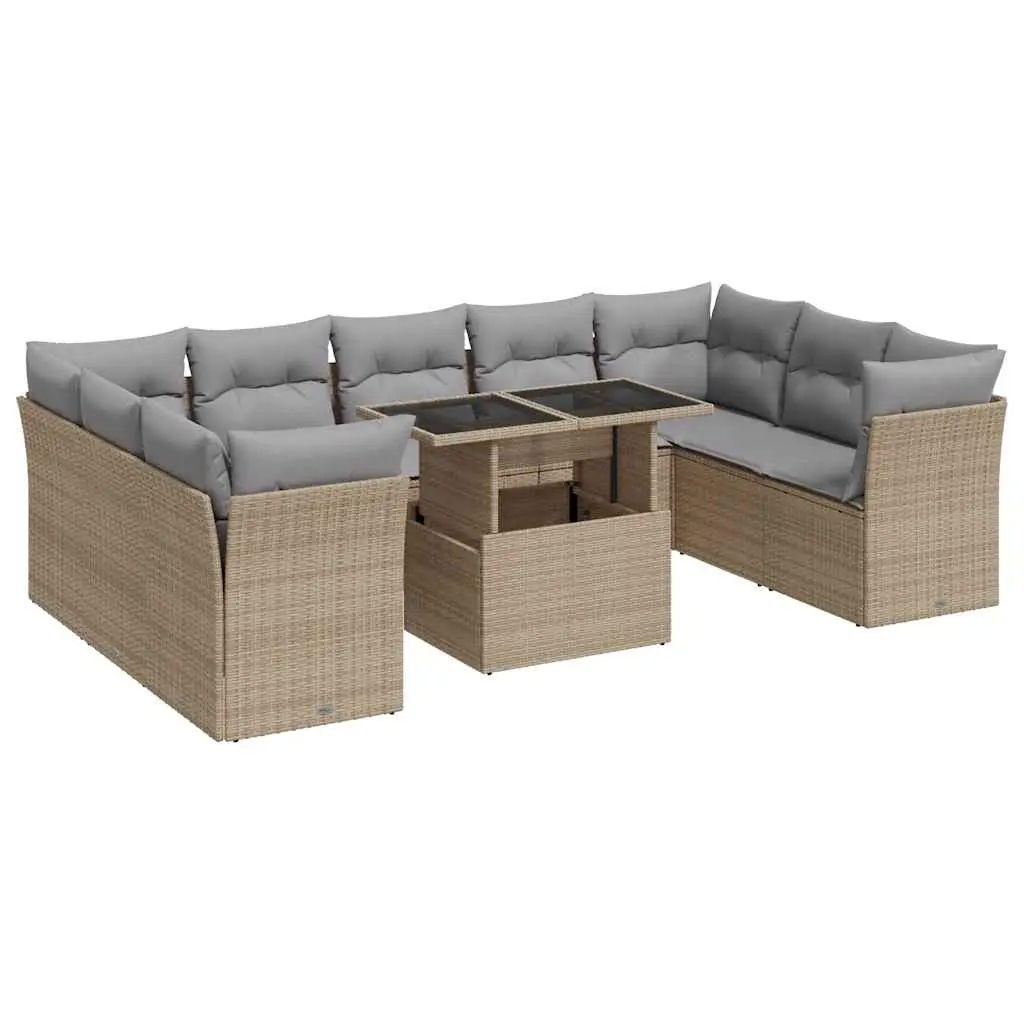 10 Piece Garden Sofa Set with Cushions Beige Poly Rattan 3326220 - Furniture