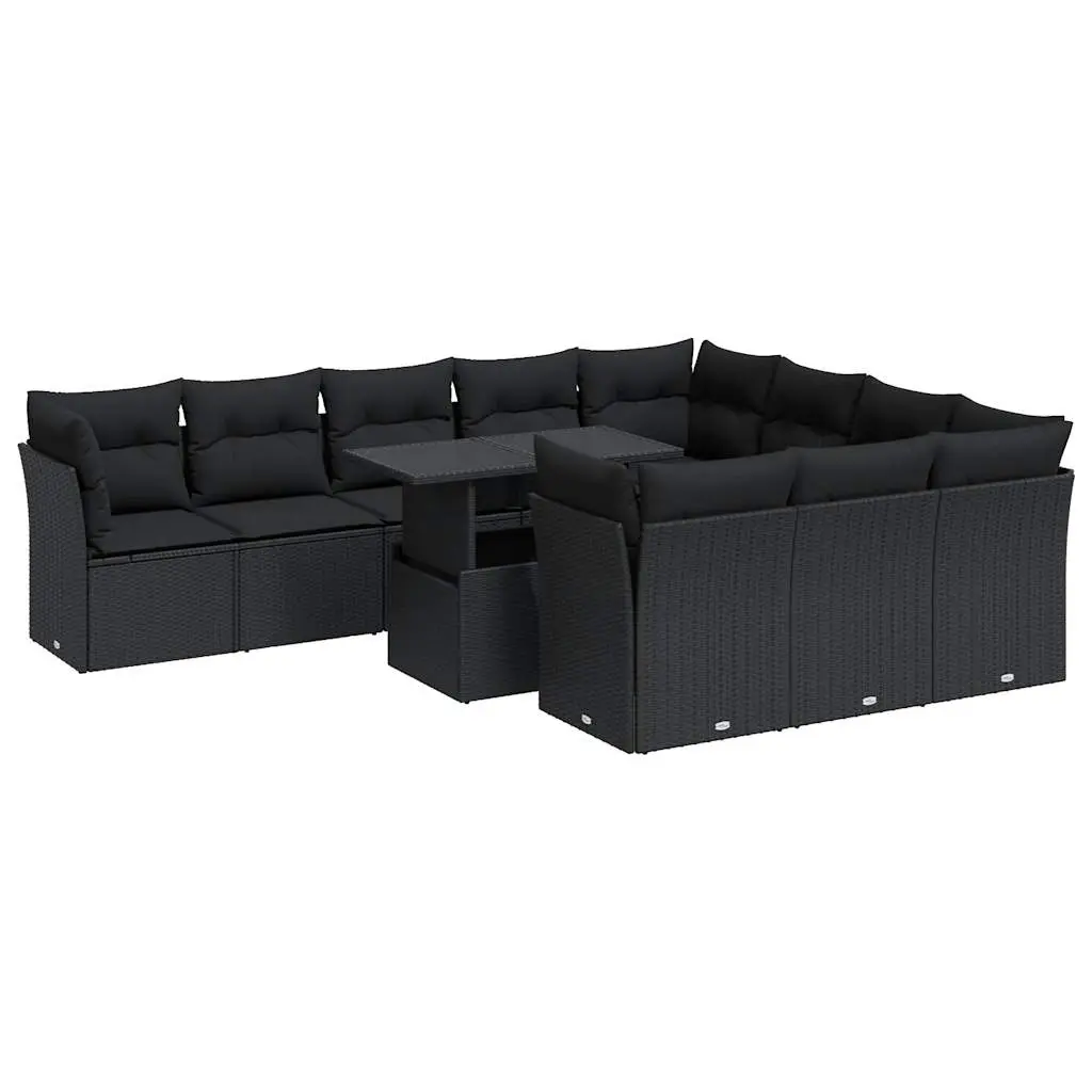 11 Piece Garden Sofa Set with Cushions Black Poly Rattan 3326226 - Furniture