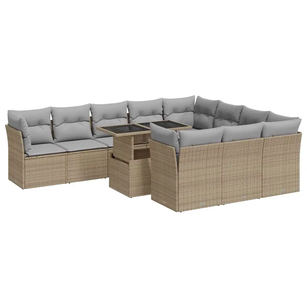 11 Piece Garden Sofa Set with Cushions Beige Poly Rattan 3326230 - Furniture