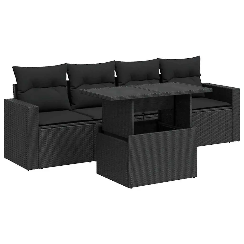 5 Piece Garden Sofa Set with Cushions Black Poly Rattan 3326236 - Furniture