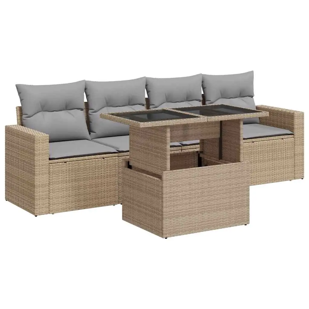 5 Piece Garden Sofa Set with Cushions Beige Poly Rattan 3326240 - Furniture