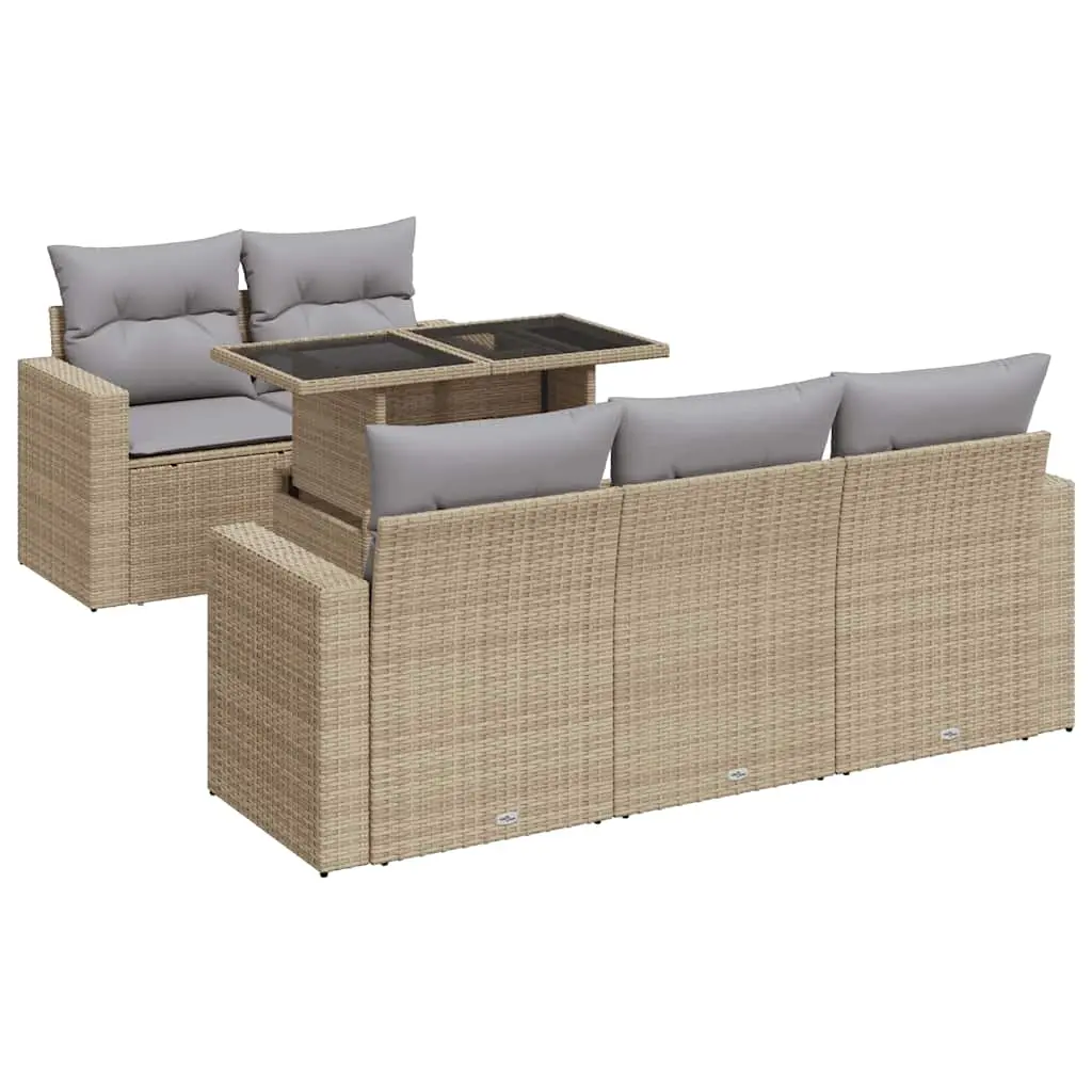 6 Piece Garden Sofa Set with Cushions Beige Poly Rattan 3326250 - Furniture
