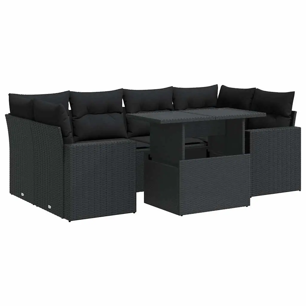 7 Piece Garden Sofa Set with Cushions Black Poly Rattan 3326266 - Furniture