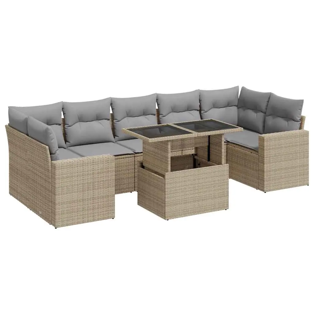 8 Piece Garden Sofa Set with Cushions Beige Poly Rattan 3326280 - Furniture