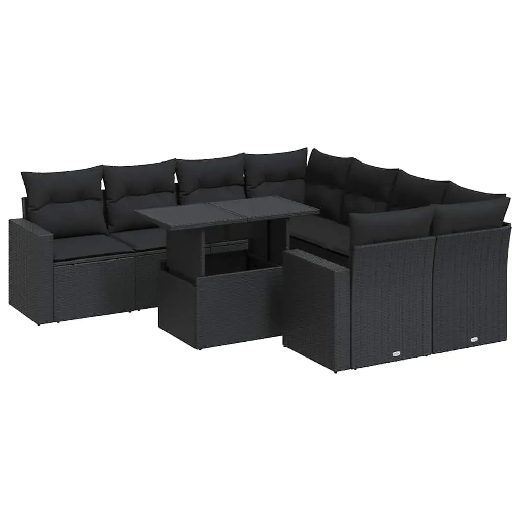 9 Piece Garden Sofa Set with Cushions Black Poly Rattan 3326286 - Furniture