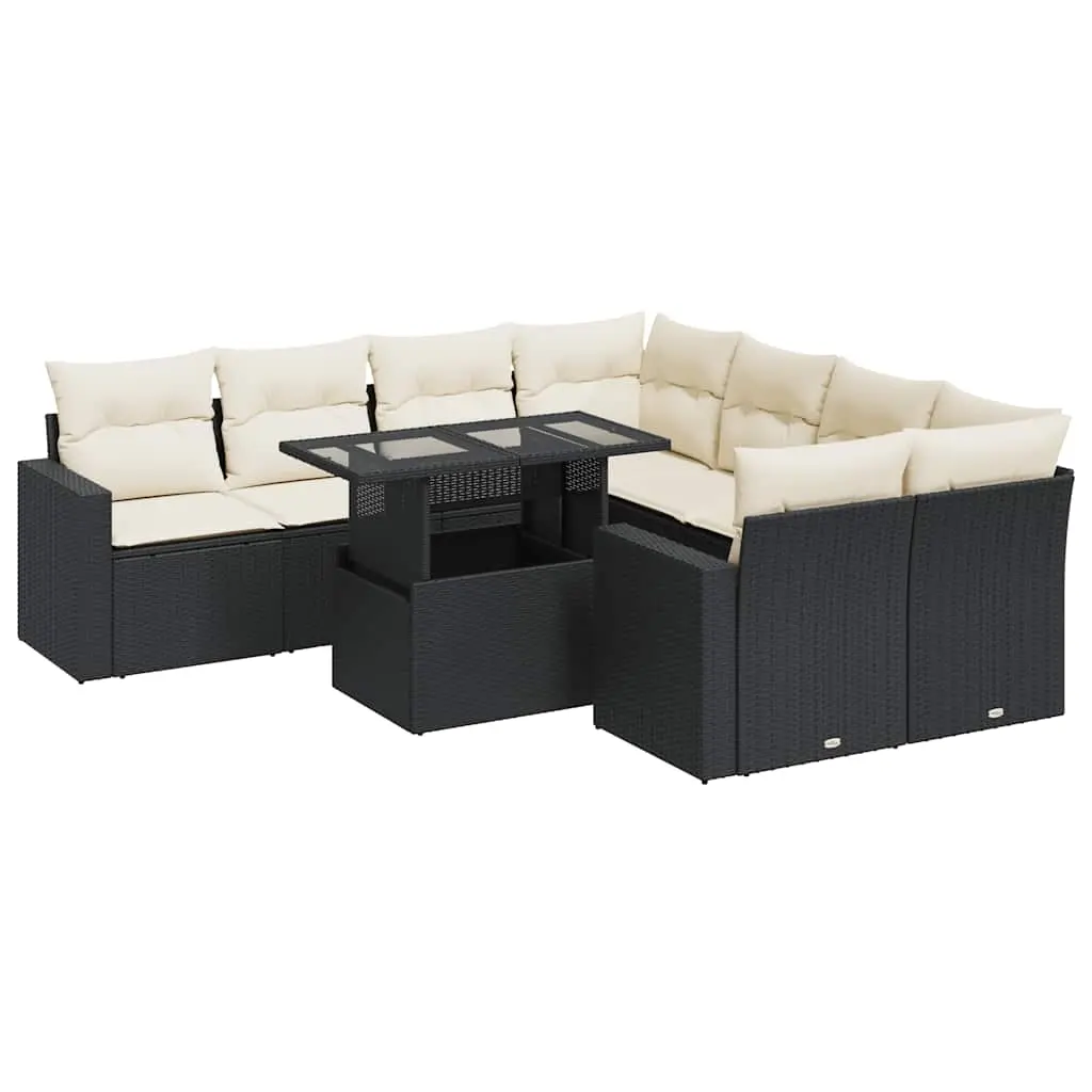 9 Piece Garden Sofa Set with Cushions Black Poly Rattan 3326287 - Furniture