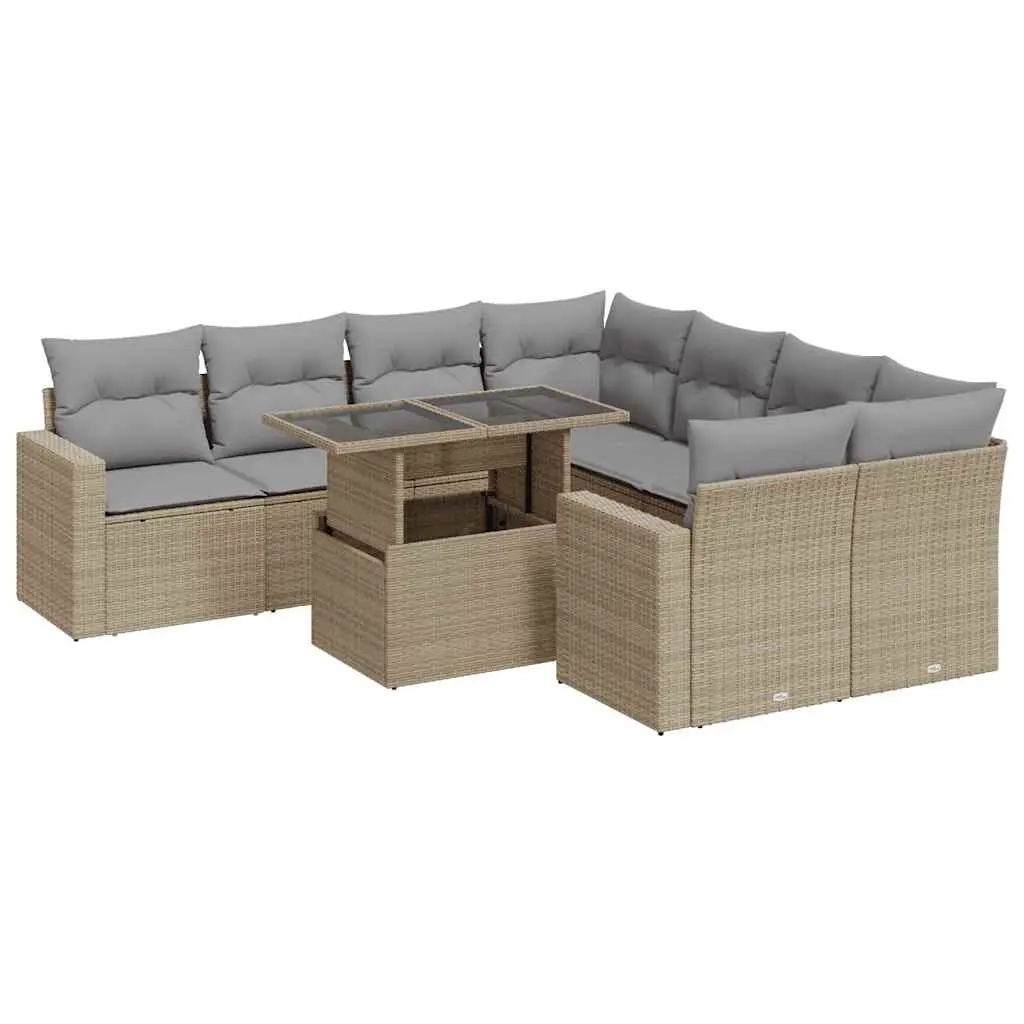 9 Piece Garden Sofa Set with Cushions Beige Poly Rattan 3326290 - Furniture