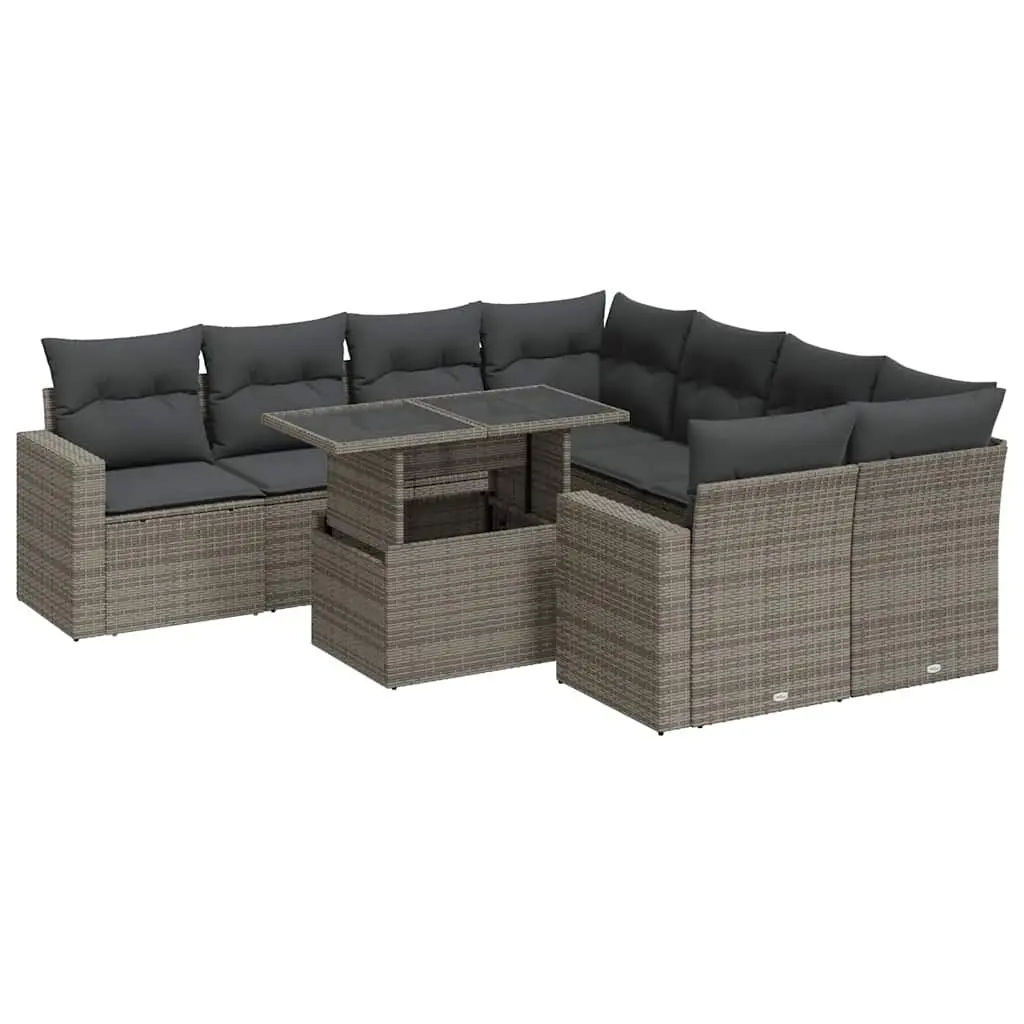 9 Piece Garden Sofa Set with Cushions Grey Poly Rattan 3326291 - Furniture